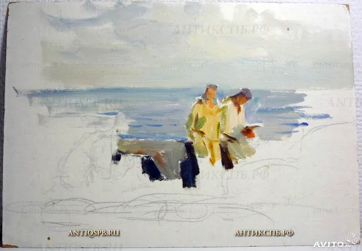 717. Этюд "Моряки на палубе". Картон, масло. Художник: Бантиков А.С. СССР. Сер. XX века.